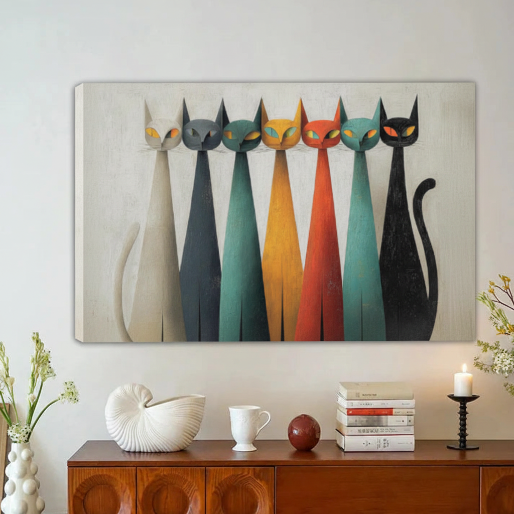 Seven Cats Mid-Century Modern Wall Art – Framed Canvas Print|Liberty Signs#L1827