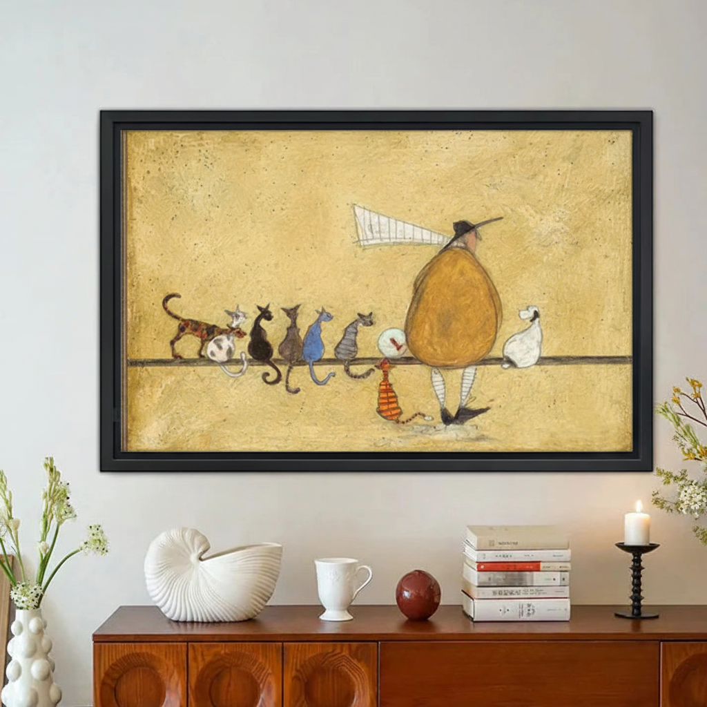 Man with Cats and Dog on Fence – Framed Canvas Print|Liberty Signs#L1828