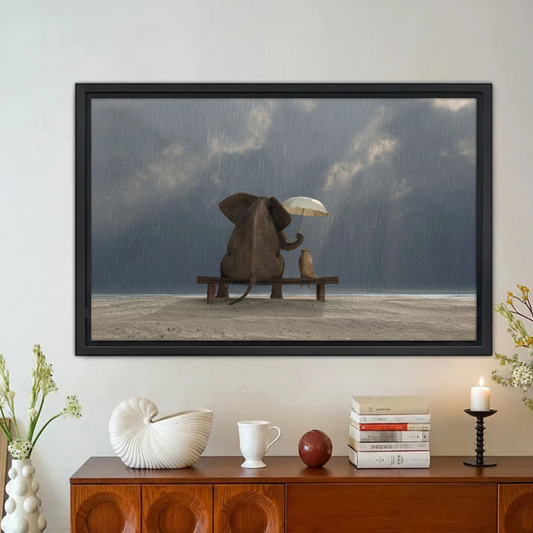 Elephant and Dog in Rain Wall Art – Framed Canvas Print|Liberty Signs#L1829