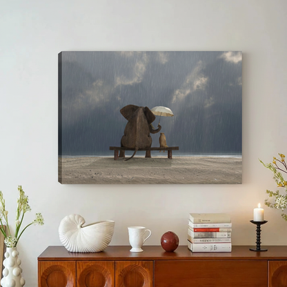 Elephant and Dog in Rain Wall Art – Framed Canvas Print|Liberty Signs#L1829