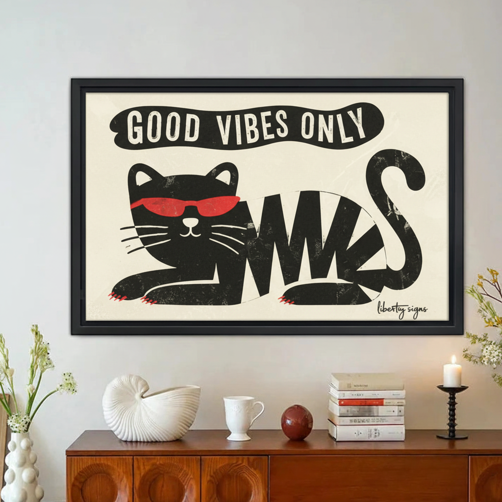 Good Vibes Only Cool Cat Wall Art – Framed Canvas Print|Liberty Signs#L1835