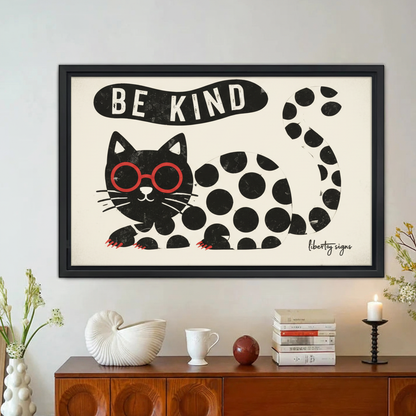 Be Kind Spotty Cat Wall Art – Retro Framed Canvas Print|Liberty Signs#L1836
