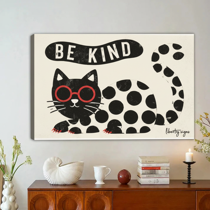 Be Kind Spotty Cat Wall Art – Retro Framed Canvas Print|Liberty Signs#L1836