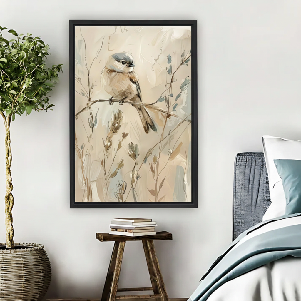 Chickadee on Branch Botanical Framed Canvas Wall Art|Liberty Signs#L1853