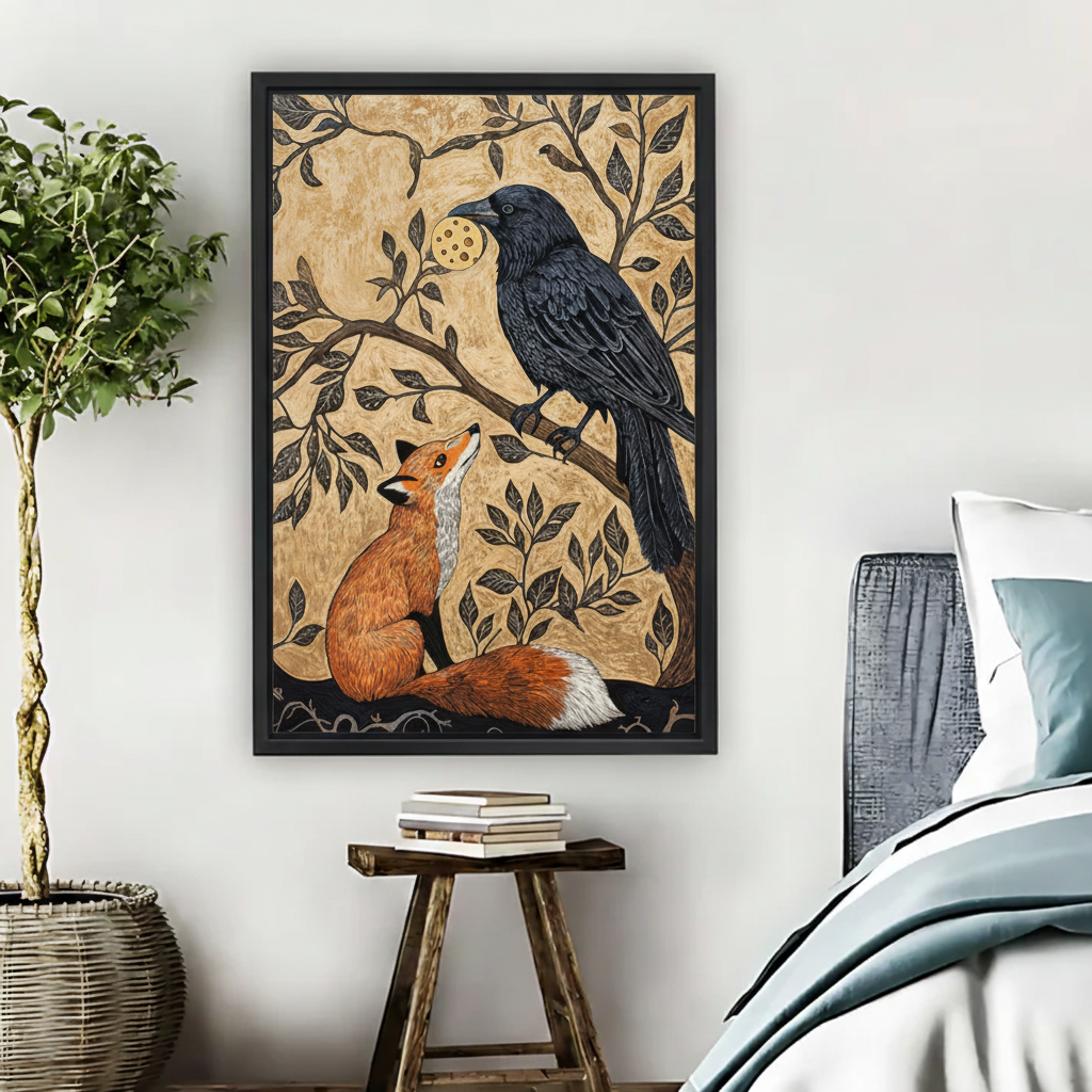 Fox and Raven Folk Art Framed Canvas Wall Art-Vintage Woodland Print|Liberty Signs#L1854