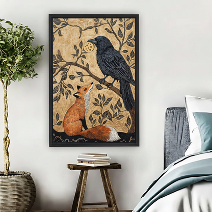 Fox and Raven Folk Art Framed Canvas Wall Art-Vintage Woodland Print|Liberty Signs#L1854