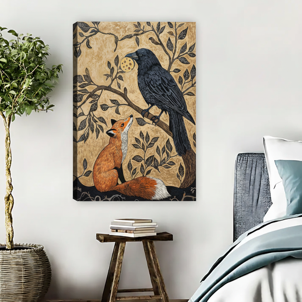 Fox and Raven Folk Art Framed Canvas Wall Art-Vintage Woodland Print|Liberty Signs#L1854