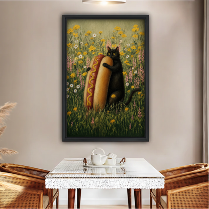 Black Cat Hugging Hot Dog Floral Framed Canvas Wall Art|Liberty Signs#L1855