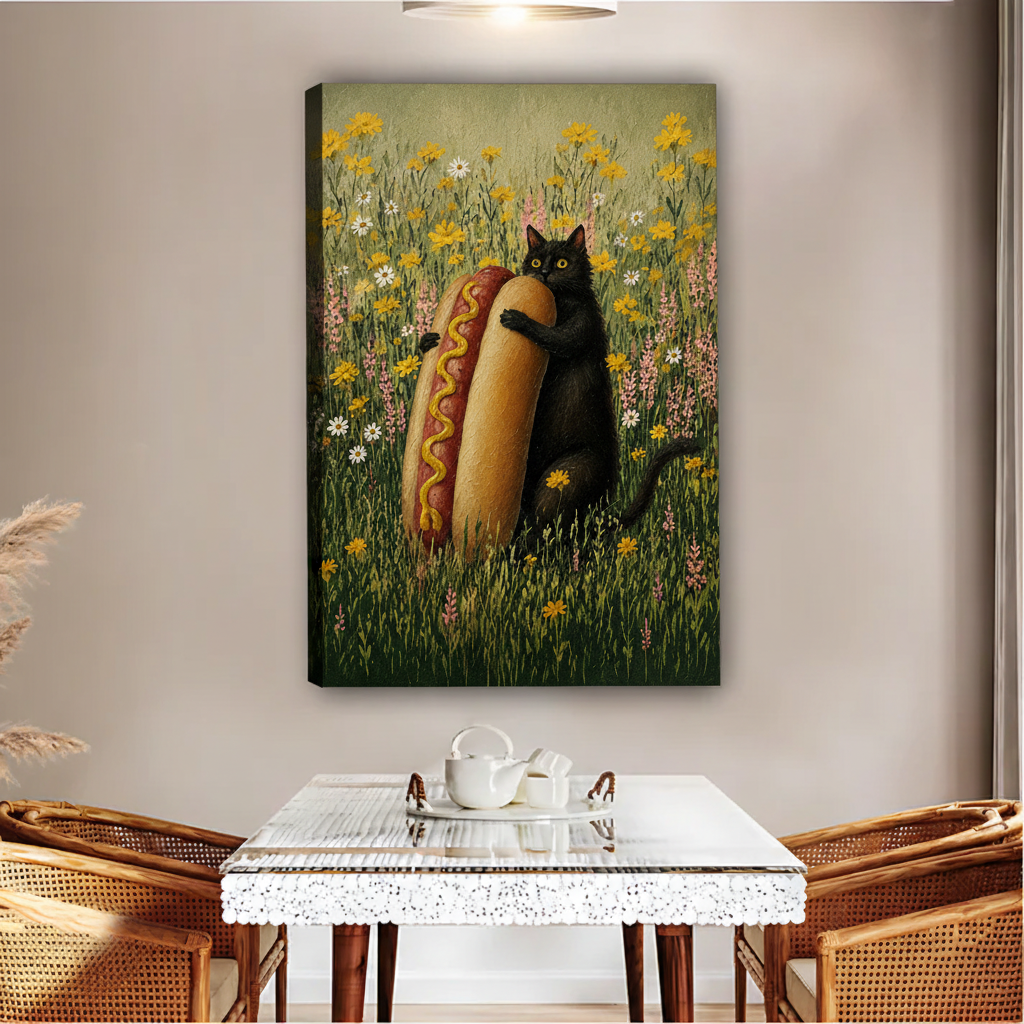 Black Cat Hugging Hot Dog Floral Framed Canvas Wall Art|Liberty Signs#L1855