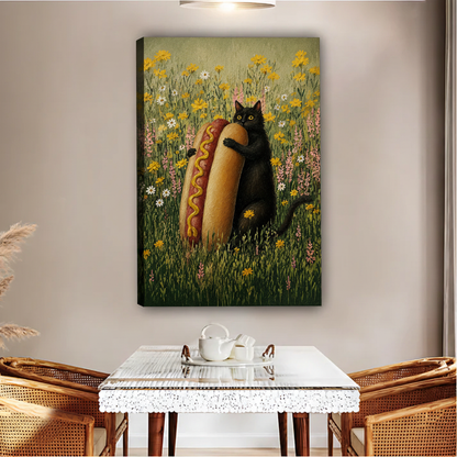 Black Cat Hugging Hot Dog Floral Framed Canvas Wall Art|Liberty Signs#L1855
