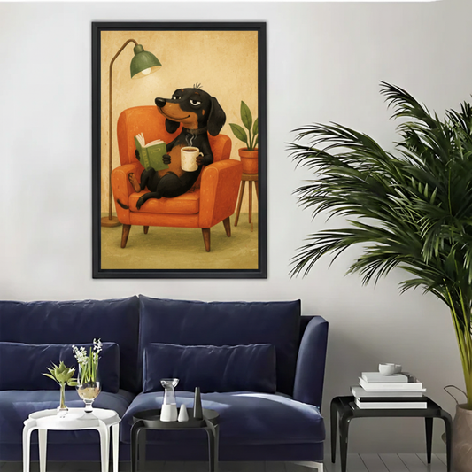 Reading Dachshund with Coffee Framed Canvas Wall Art|Liberty Signs#L1850