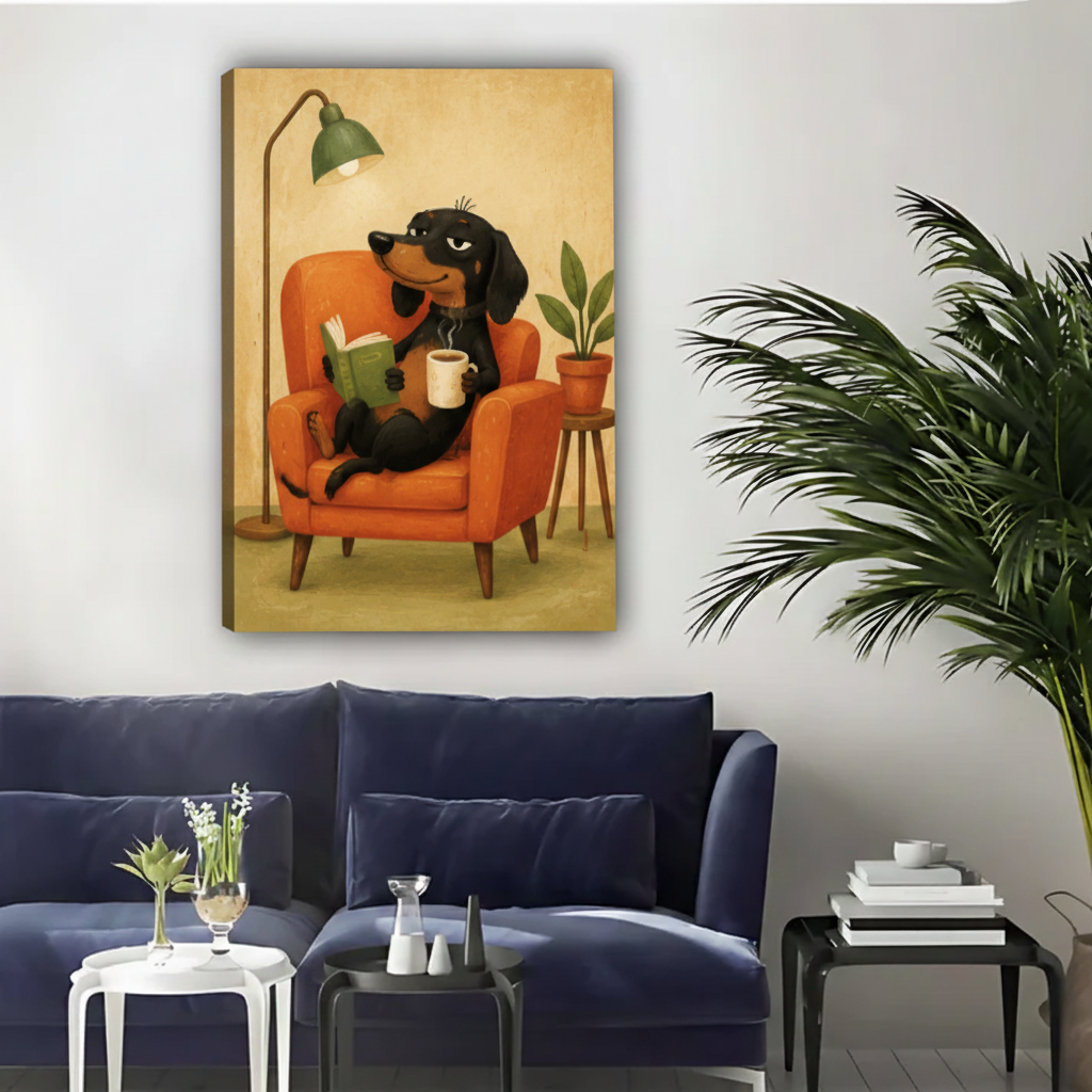 Reading Dachshund with Coffee Framed Canvas Wall Art|Liberty Signs#L1850