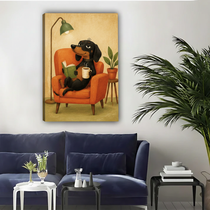 Reading Dachshund with Coffee Framed Canvas Wall Art|Liberty Signs#L1850