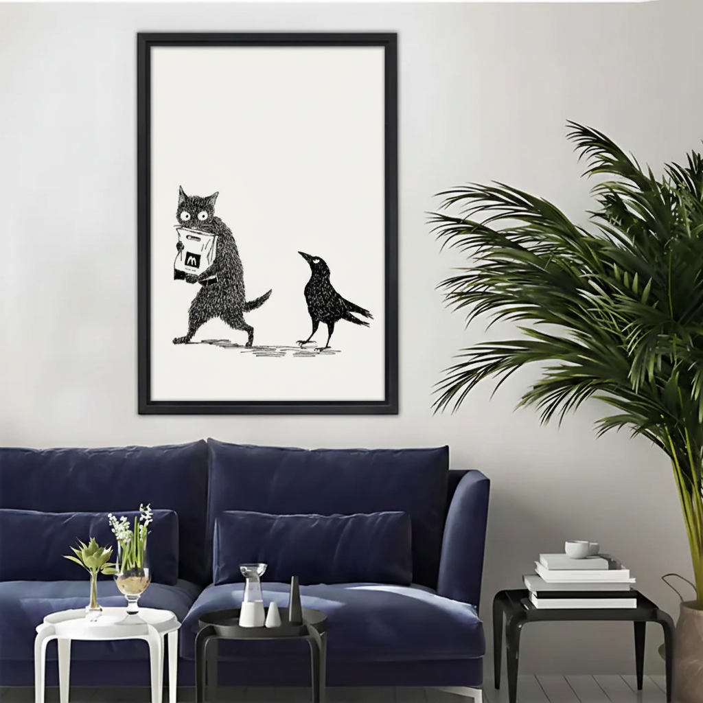 Funny Cat Monster with Takeout Framed Canvas Wall Art|Liberty Signs#L1851