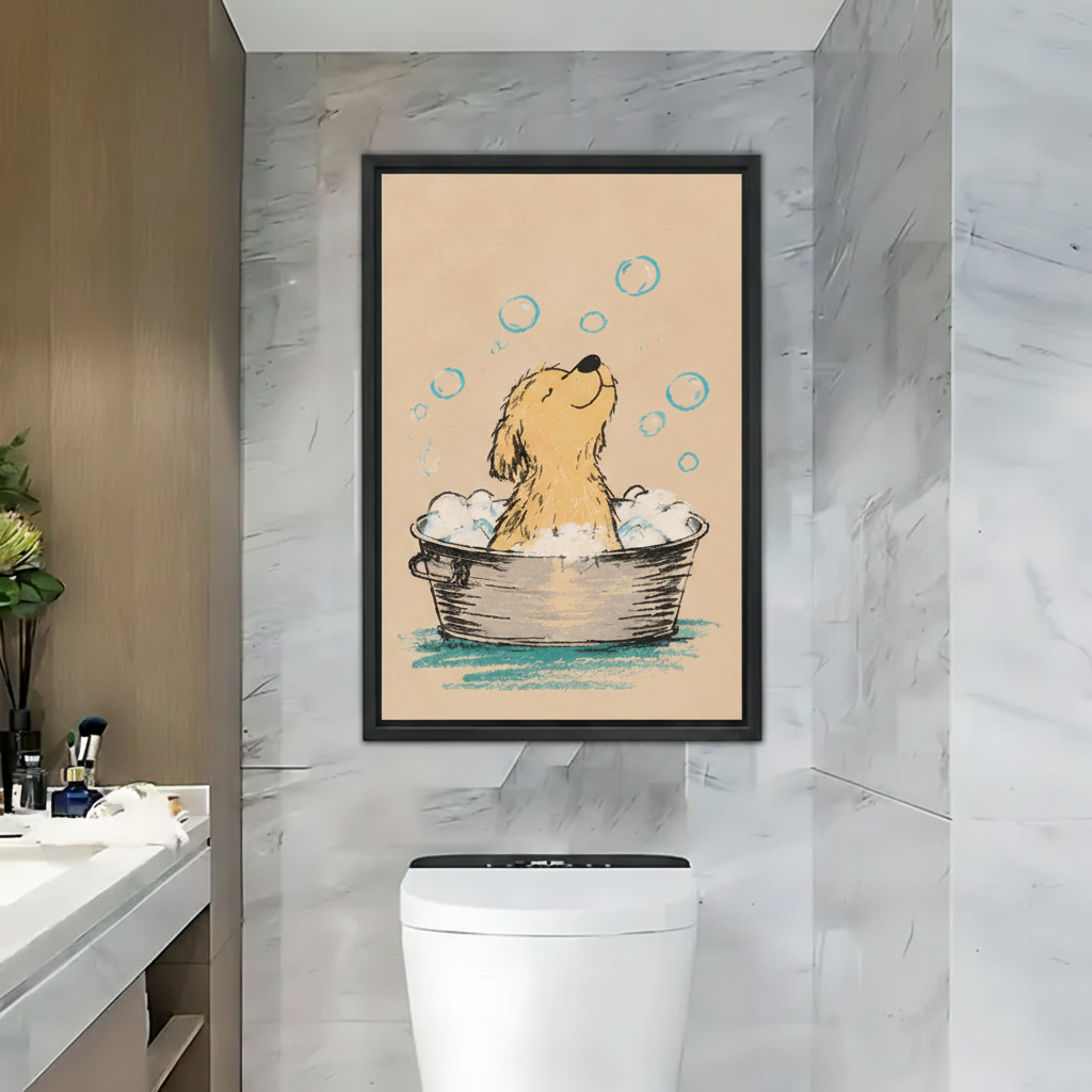 Cute Puppy Bath Bubbles Framed Canvas Wall Art|Liberty Signs#L1863