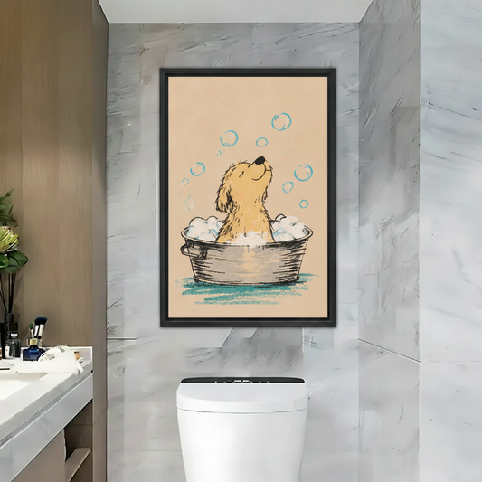 Cute Puppy Bath Bubbles Framed Canvas Wall Art|Liberty Signs#L1863