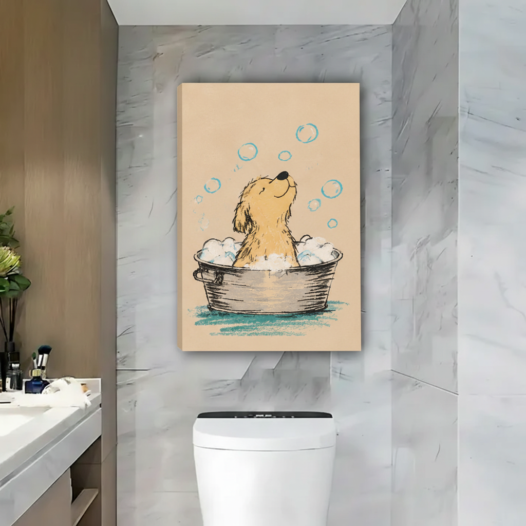 Cute Puppy Bath Bubbles Framed Canvas Wall Art|Liberty Signs#L1863
