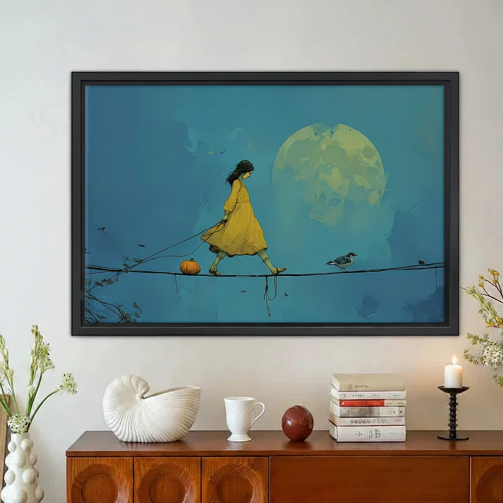 Girl Walking Pumpkin Moonlight Surreal Framed Canvas Wall Art|Liberty Signs#L1865