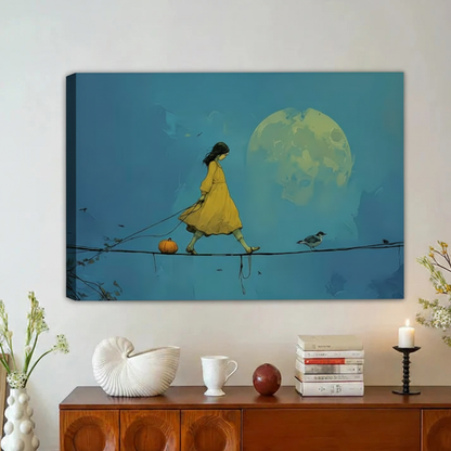 Girl Walking Pumpkin Moonlight Surreal Framed Canvas Wall Art|Liberty Signs#L1865