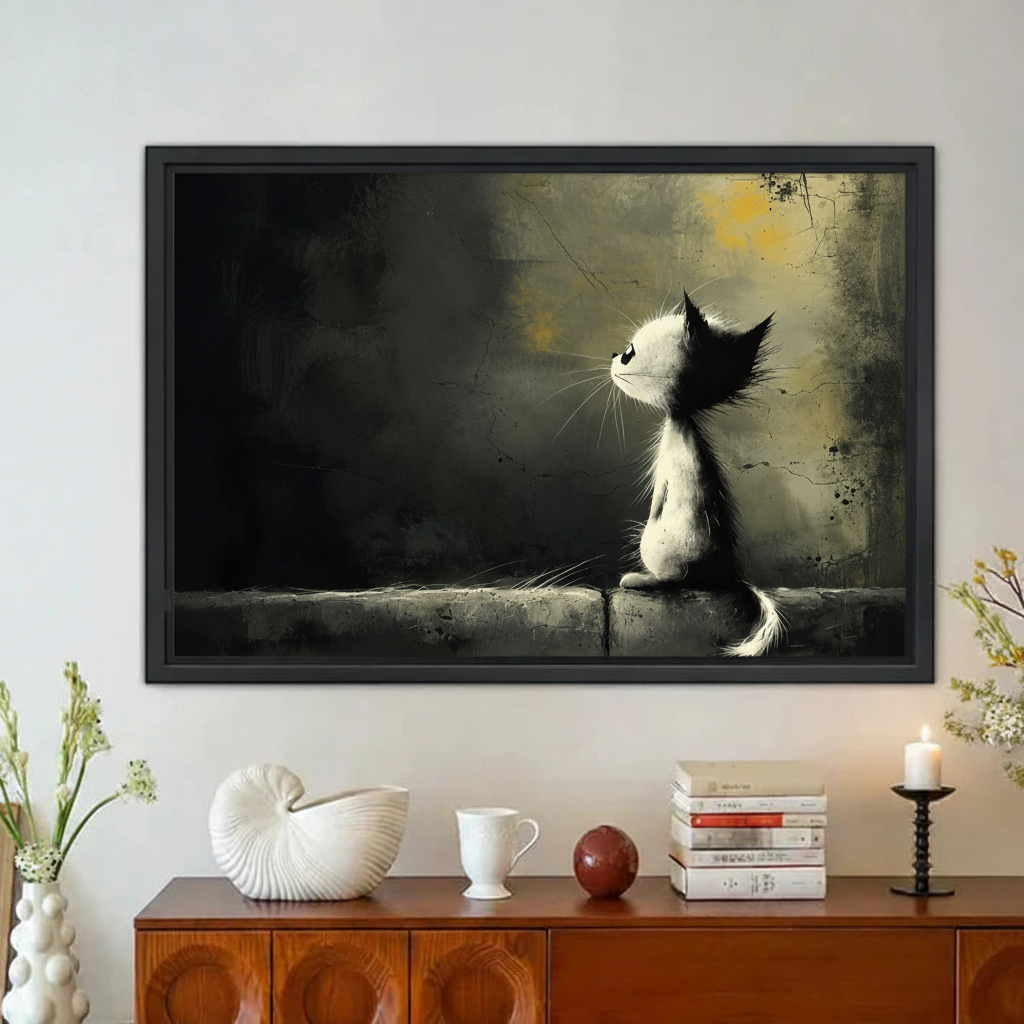Lonely Cat Gazing Dark Moody Framed Canvas Wall Art|Liberty Signs#L1866