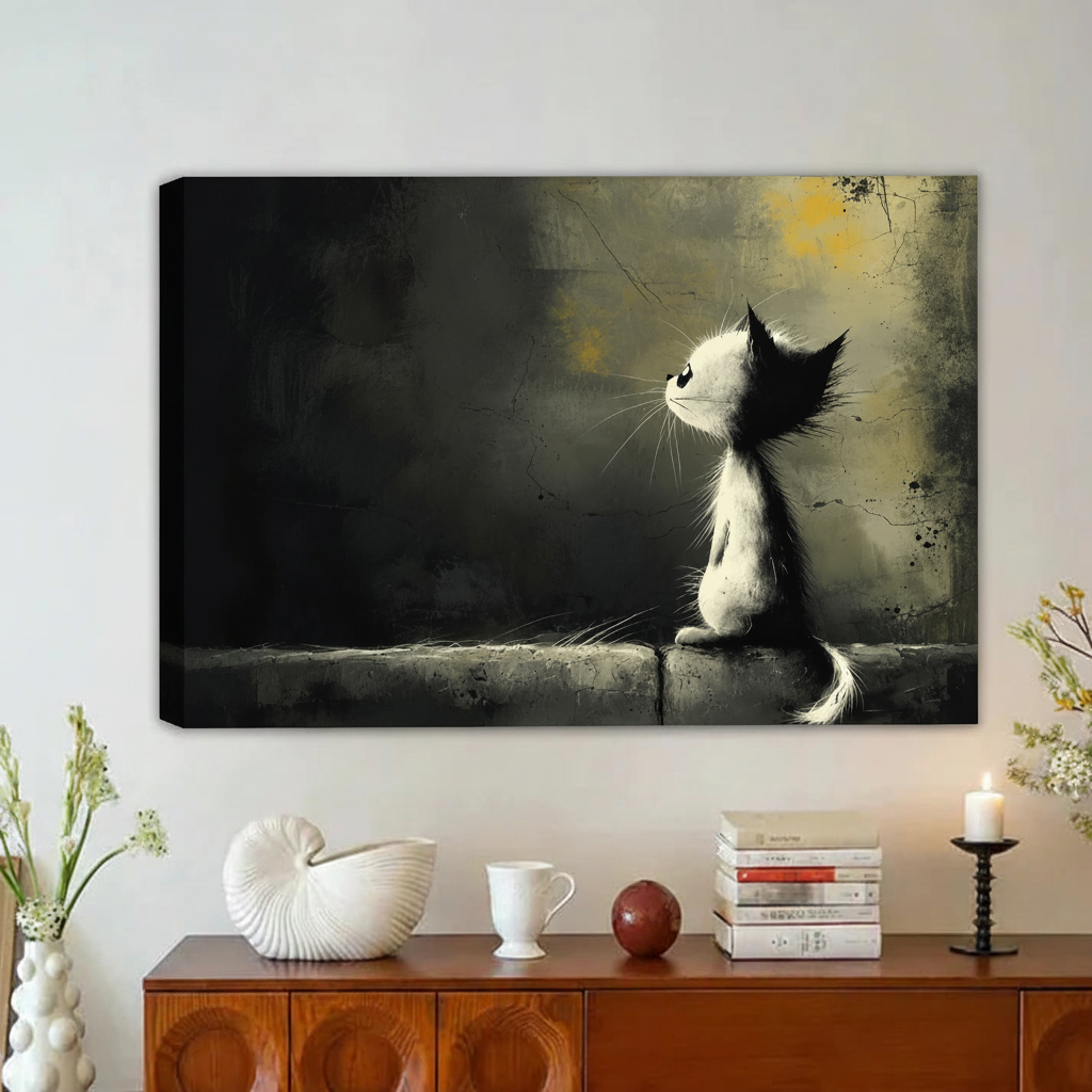 Lonely Cat Gazing Dark Moody Framed Canvas Wall Art|Liberty Signs#L1866