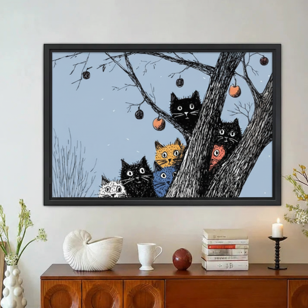Funny Cats in Tree Night Sky Framed Canvas Wall Art|Liberty Signs#L1867