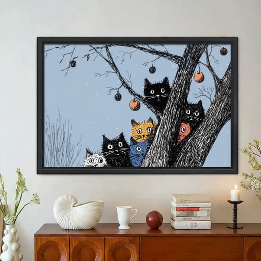 Funny Cats in Tree Night Sky Framed Canvas Wall Art|Liberty Signs#L1867