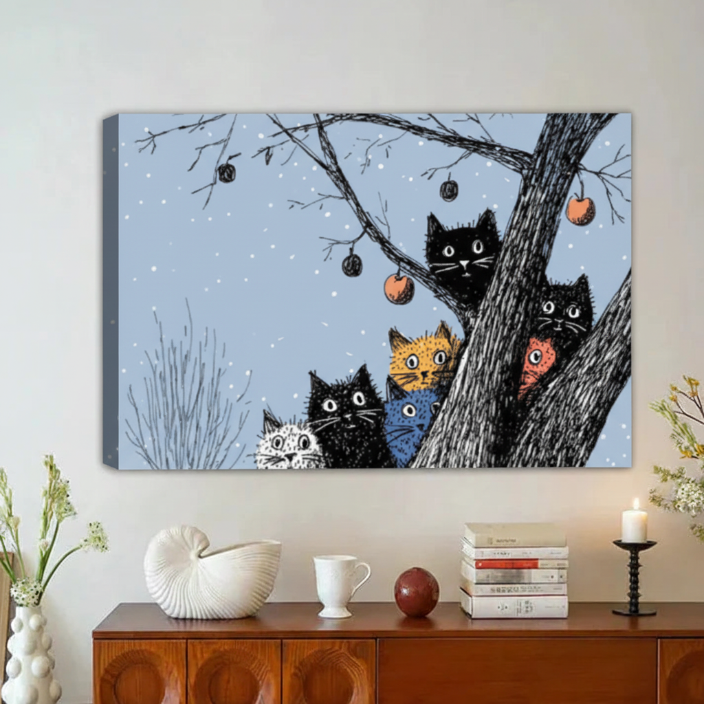 Funny Cats in Tree Night Sky Framed Canvas Wall Art|Liberty Signs#L1867