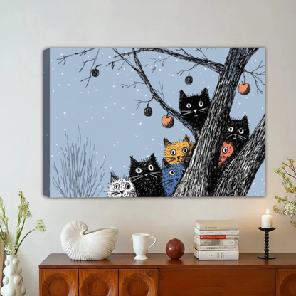 Funny Cats in Tree Night Sky Framed Canvas Wall Art|Liberty Signs#L1867