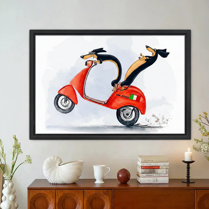 Dachshund Riding Red Scooter Funny Framed Canvas Wall Art|Liberty Signs#L1868