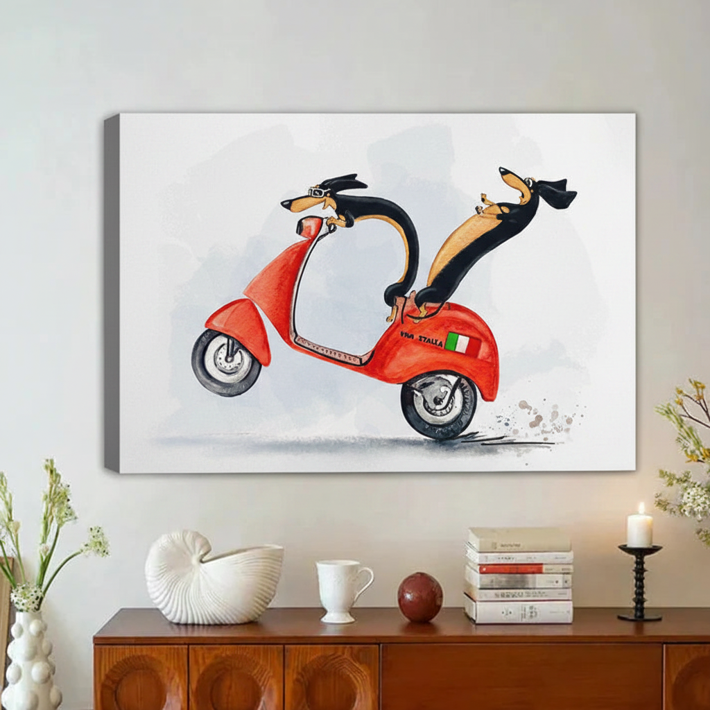 Dachshund Riding Red Scooter Funny Framed Canvas Wall Art|Liberty Signs#L1868