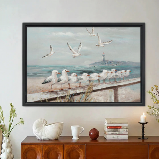 Seagulls on Pier Lighthouse Coastal Framed Canvas Wall Art|Liberty Signs#L1870