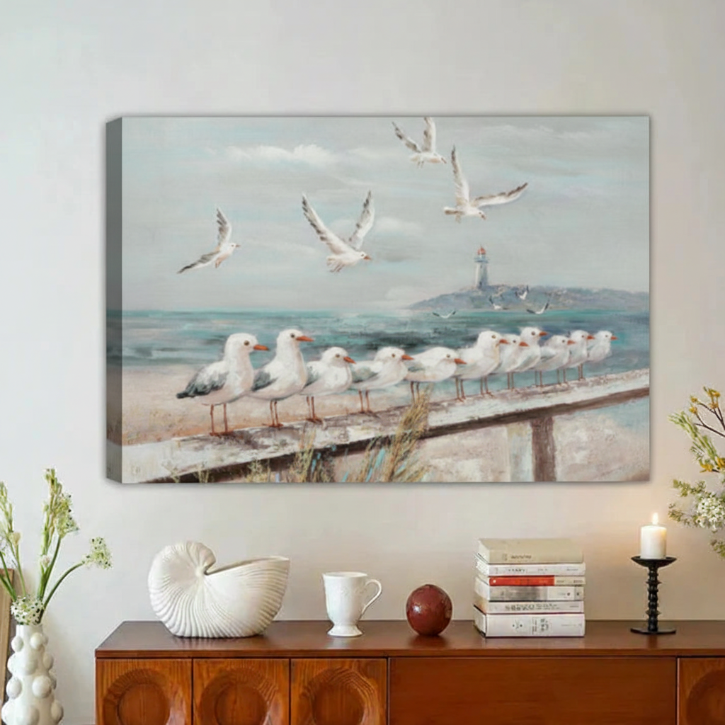 Seagulls on Pier Lighthouse Coastal Framed Canvas Wall Art|Liberty Signs#L1870
