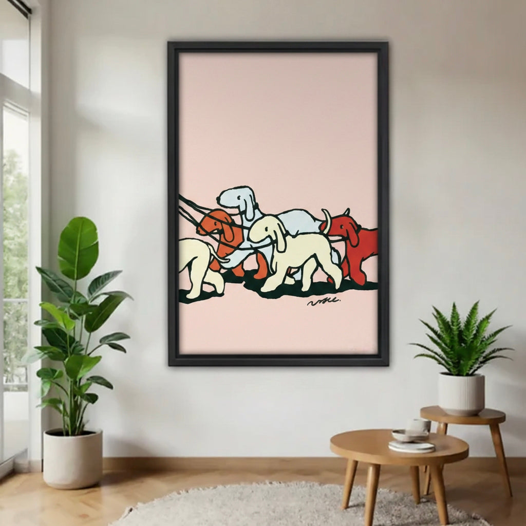 Colorful dogs on leash minimalist line art wall print – black framed canvas, bohemian living room decor