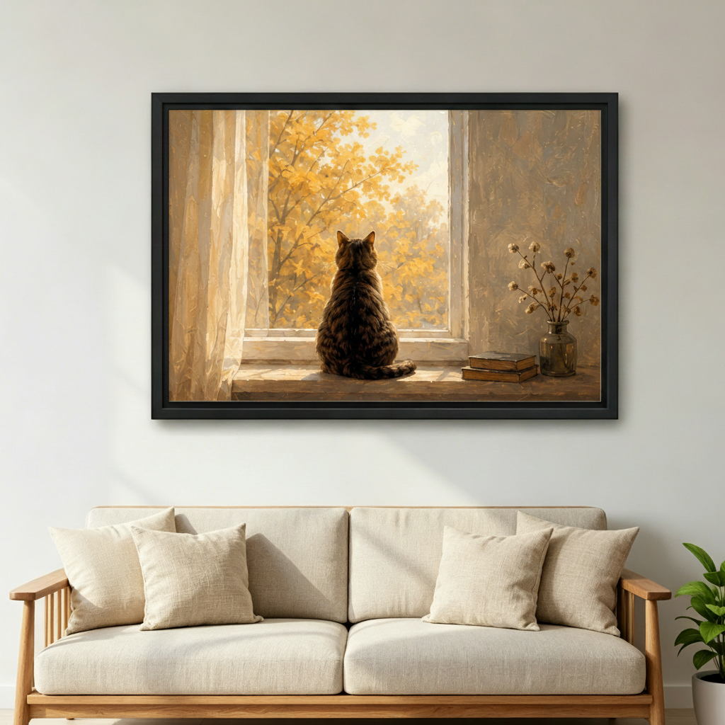 Framed cat autumn window oil painting canvas print hanging above living room sofa