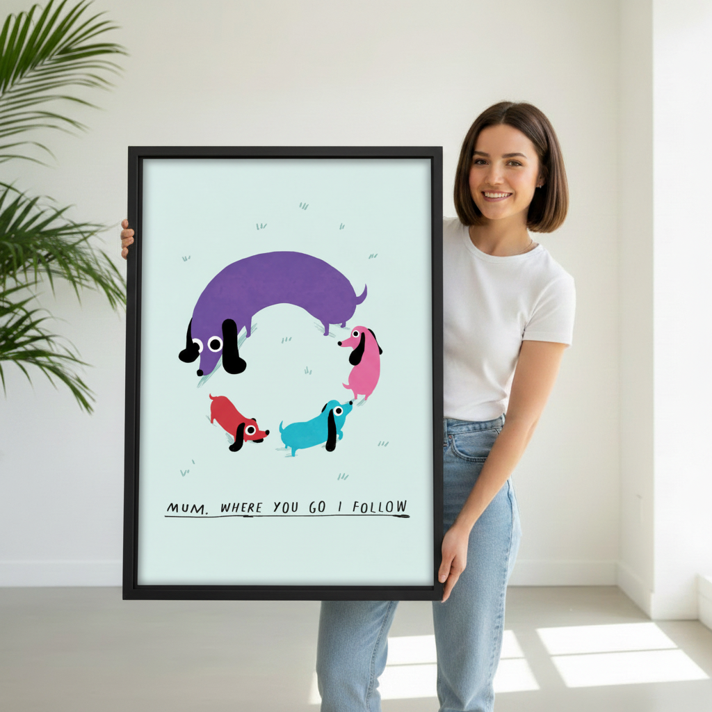 Colorful dachshund wall art framed print held by woman — vibrant dog family illustration, perfect gift for dachshund lovers