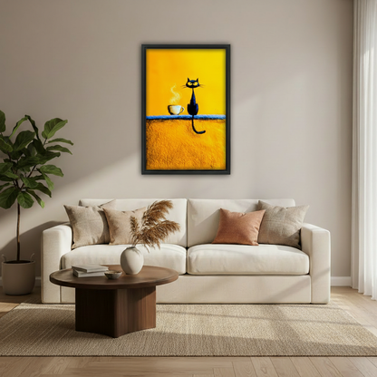 Black cat coffee golden yellow minimalist canvas wall art print, modern cat home decor for kitchen or bedroom