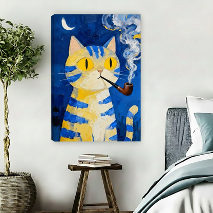 Gallery wrap Van Gogh style cat smoking pipe canvas – maximalist wall art Liberty Signs