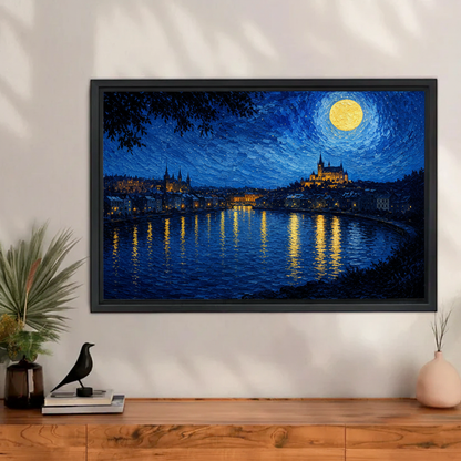 Van Gogh style starry night city river wall art print in black frame above wooden sideboard with bird sculpture and palm plant