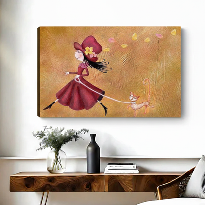 Girl walking dog autumn storybook gallery wrap canvas print whimsical wall art
