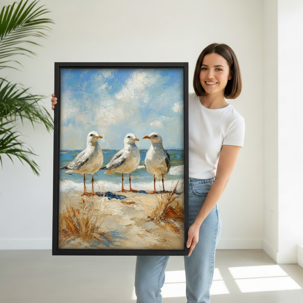 Woman holding coastal seagulls framed canvas wall art print in bright minimal room