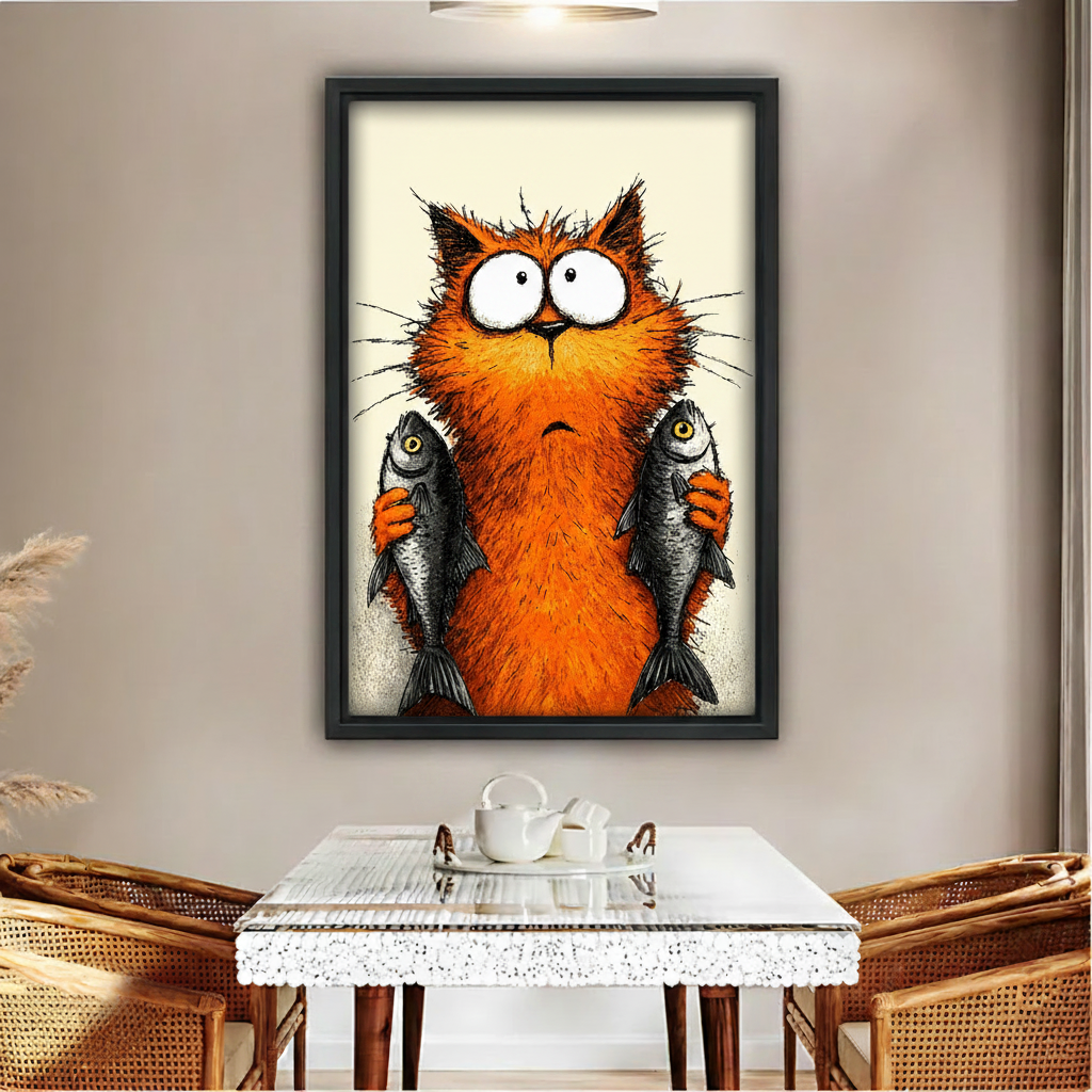Funny orange cat holding two fish whimsical canvas wall art print on cream background