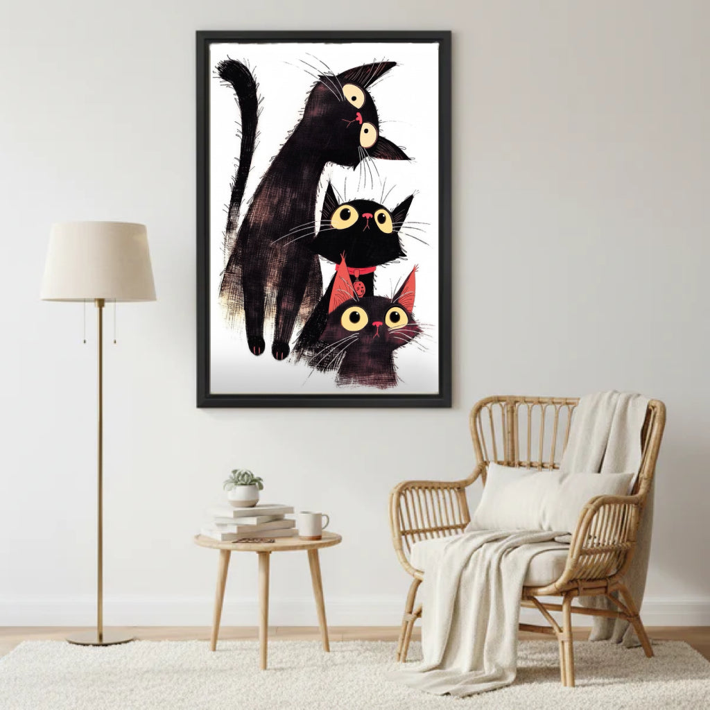 Three Black Cats Whimsical Illustration Framed Wall Art in Living Room – Funny Stacked Cat Print for Boho Decor