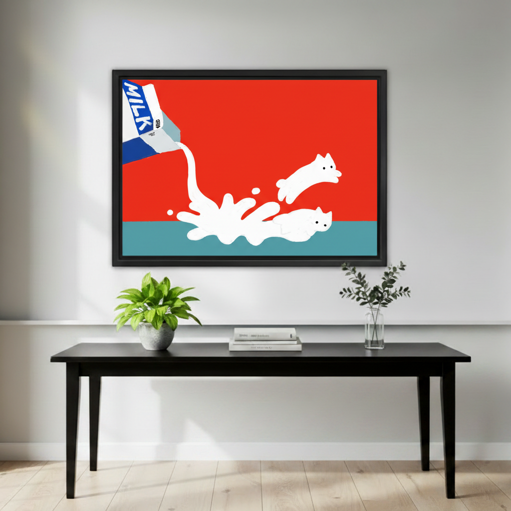 Funny milk cats framed art print on white wall, vibrant red home decor