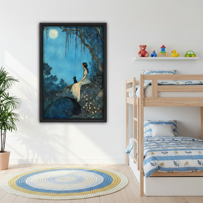 Vintage moonlit girl black cat fantasy canvas wall art above grey sofa, black frame, romantic blue night illustration with full moon, modern living room decor