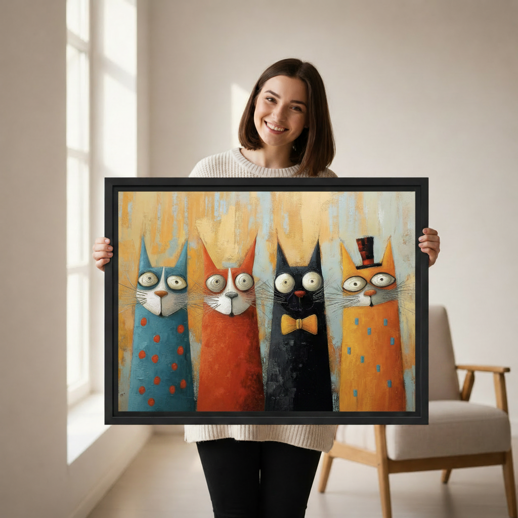 Bold colorful cat oil painting canvas print, eclectic home decor for living room