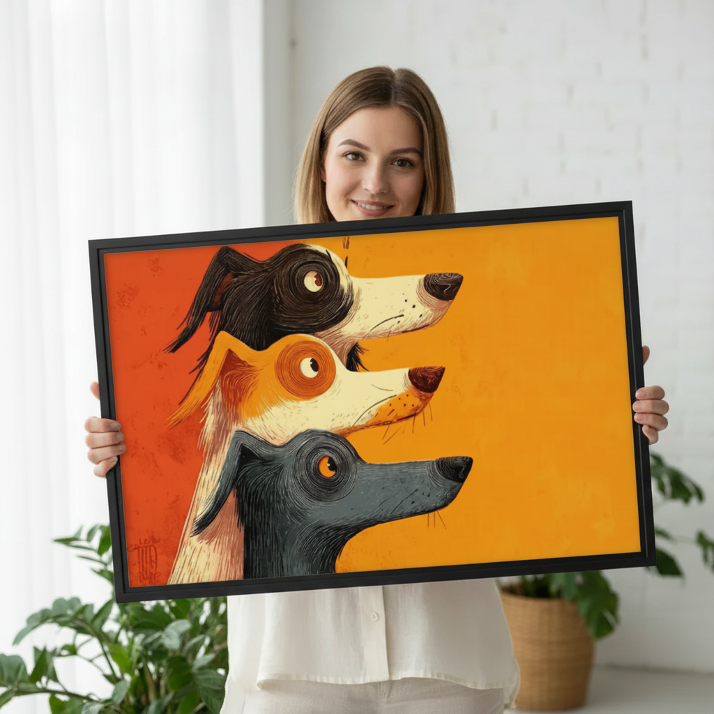 Cartoon dog trio canvas print — three dogs side profile illustration, vibrant orange tones, unique wall art