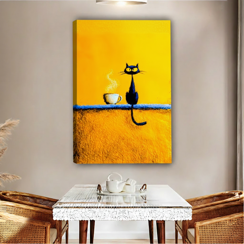 Minimalist black cat coffee golden yellow background gallery wrap canvas wall art, cozy kitchen home decor