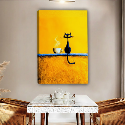 Minimalist black cat coffee golden yellow background gallery wrap canvas wall art, cozy kitchen home decor
