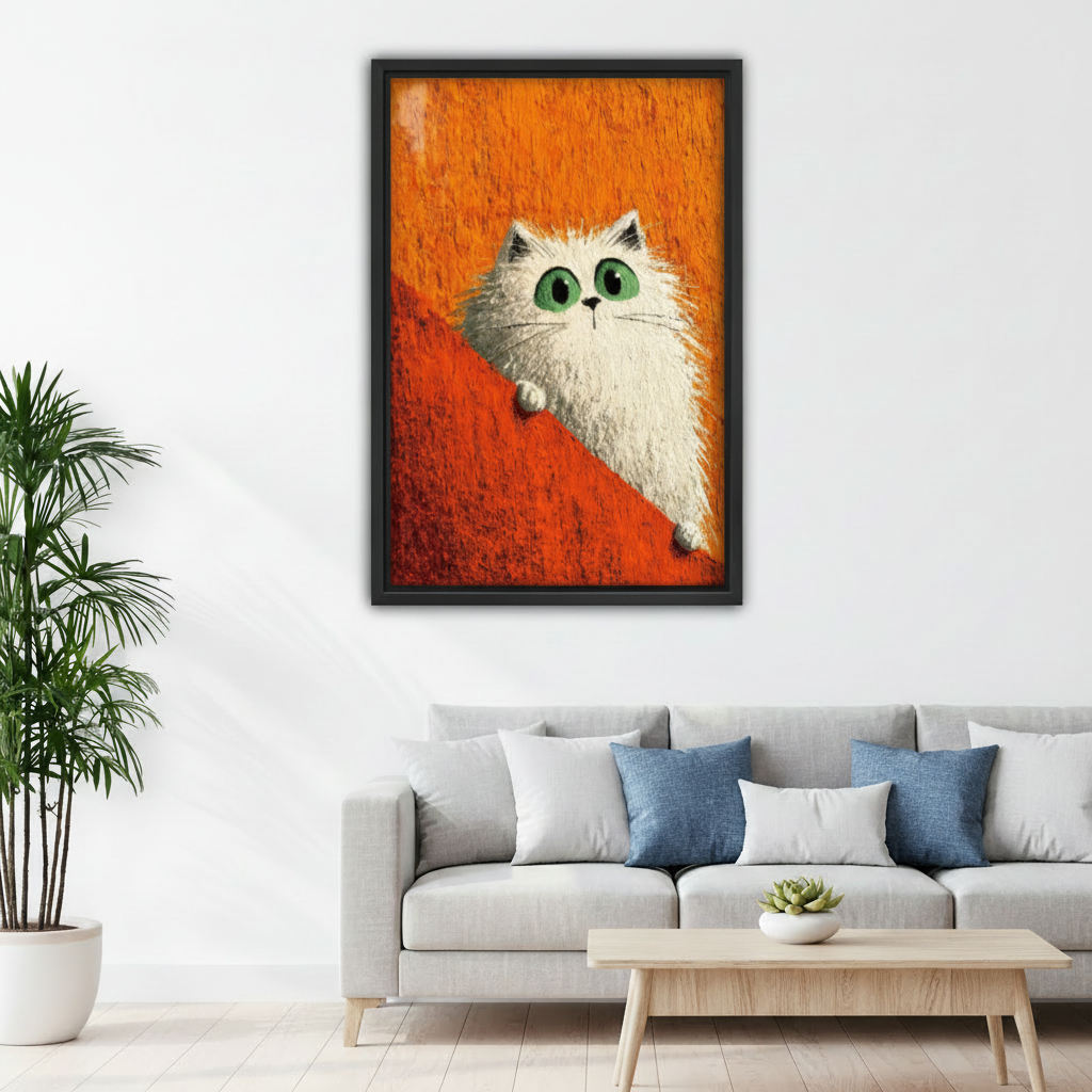 Whimsical white cat canvas wall art above grey sofa, black frame, bold pop art cat illustration on orange background, modern living room decor